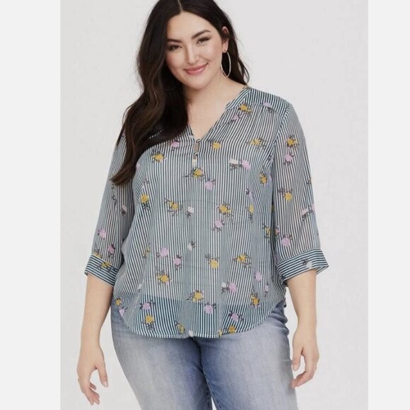 Torrid Harper size 2X Striped Floral Lurex Chiffon V Neck Button Popover Top - Picture 1 of 12